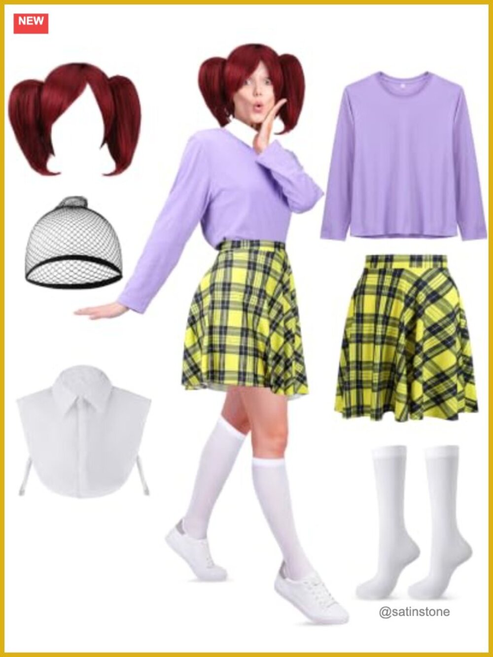 Halloween Cosplay Costume Set Purple T-Shirt Red Wig Plaid Skirt Socks